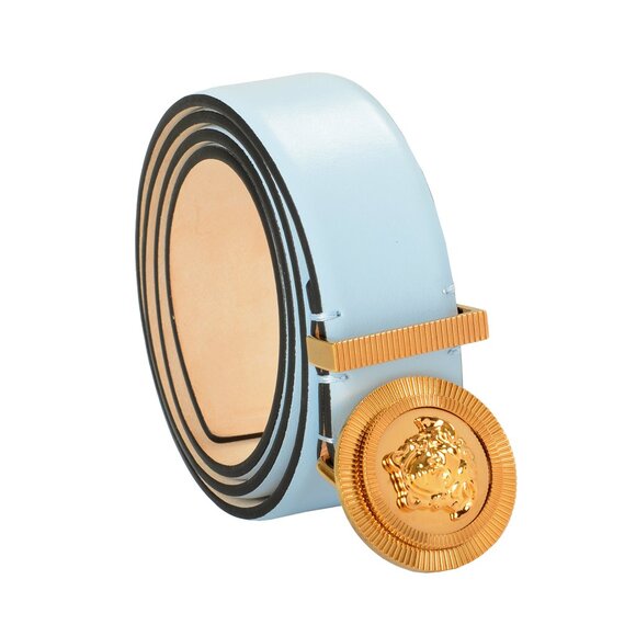 Versace Blue 100% Leather Gold Medusa Head Logo Decorated Belt US 38 IT 95 - Picture 1 of 5